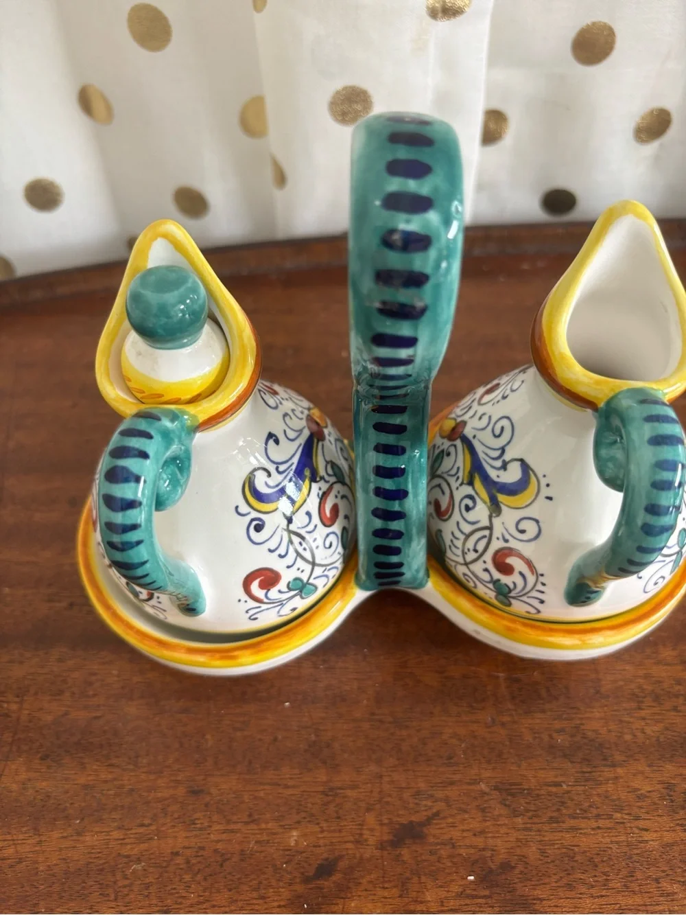 Ricco Deruta Italian Oil and Vinegar Cruet Set W Caddy Hand Painted Mediteranean